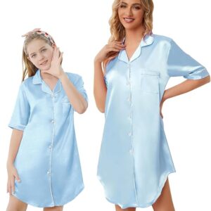 Schbbbta Girls & Women Silk Nightgown, Short Sleeve Button Down Satin Nightshirt Pajama House Dress, 3 Years- Women 2XL