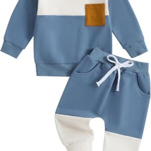 Kupretty Toddler Baby Boy Fall Winter Clothes Color Block Long Sleeve Sweatshirt Pullover Tops + Joggers Pants Outfit Set