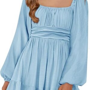 Batermoon Girls Long Sleeve Tie Back Dress Kids Fall Square Neck A-Line Mini Dresses 5-14 Years