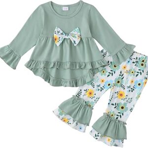 Kucnuzki Toddler Baby Girl Clothes Long Sleeve Shirt Ruffle Soft Tops Bell Bottom Long Pants Fall Winter 2 Piece Outfits