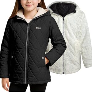 DKNY Reversible Girls Winter Coat - Heavyweight Quilted Jacket with Sherpa Lining Hooded Puffer Jacket Winter Coats for Girls