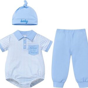 IBTOM CASTLE Newborn Infant Baby Clothes New to The Crew Outfit Short Sleeve Romper + Pants + Hat 3PCS Outfits Set