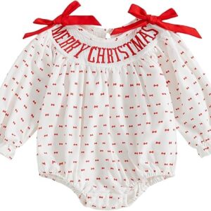 Newborn Infant Baby Girl Christmas Outfit Long Sleeve Smocked Bubble Romper Bow Ruffle Bodysuit Winter Clothes