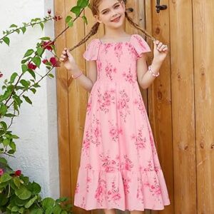 GRACE KARIN Girls Floral Dress Flutter Sleeve Square Neck Tiered Midi Dress Smocked Flared A-line Dress 5-14Y
