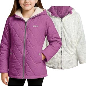 DKNY Reversible Girls Winter Coat - Heavyweight Quilted Jacket with Sherpa Lining Hooded Puffer Jacket Winter Coats for Girls